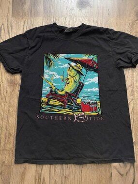Southern Tide Black Graphic T-Shirt Beach Fish Print Unisex Casual Tee